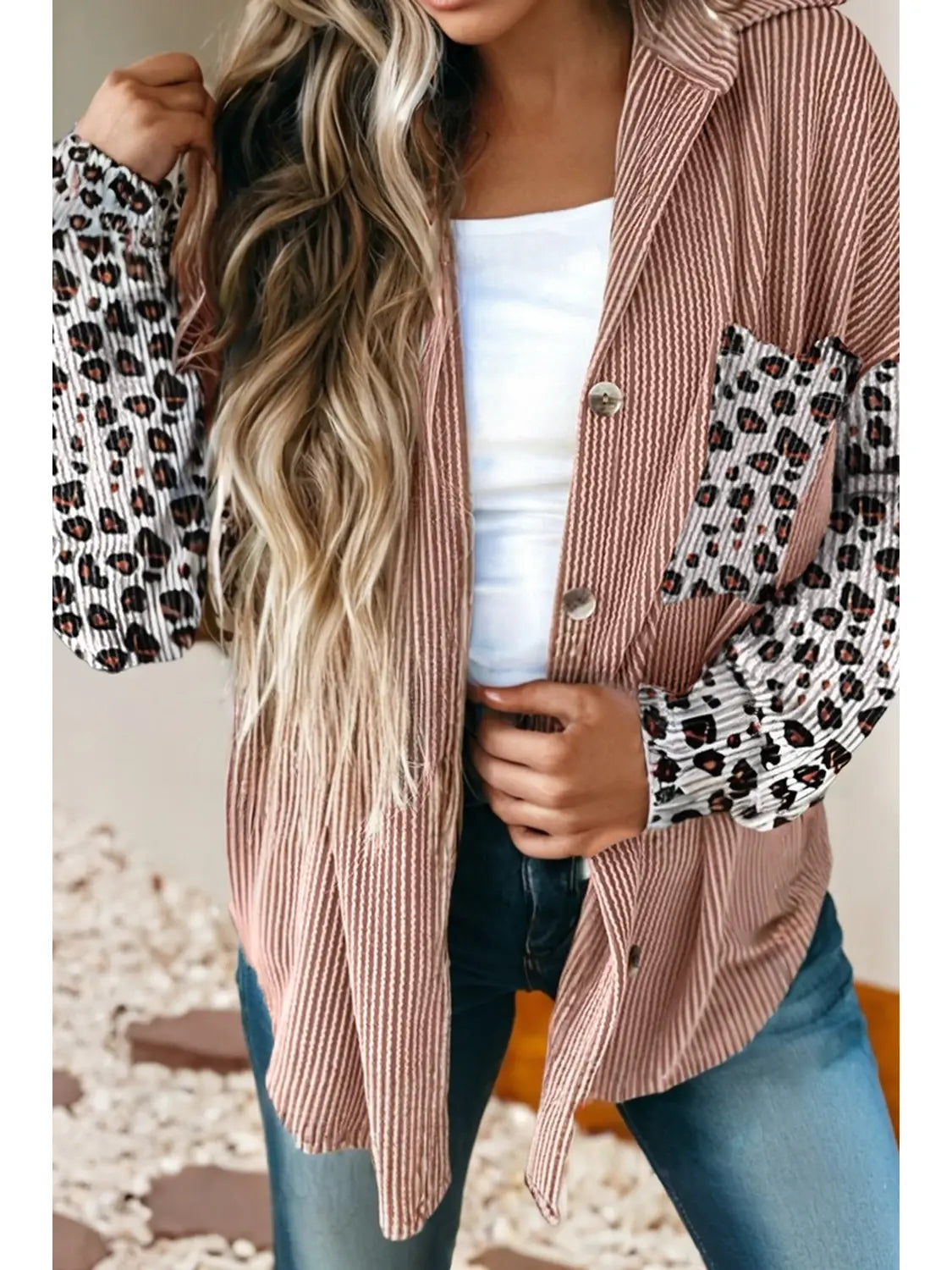 Leopard Patched Twisted Ribbed Western Casual Shacket