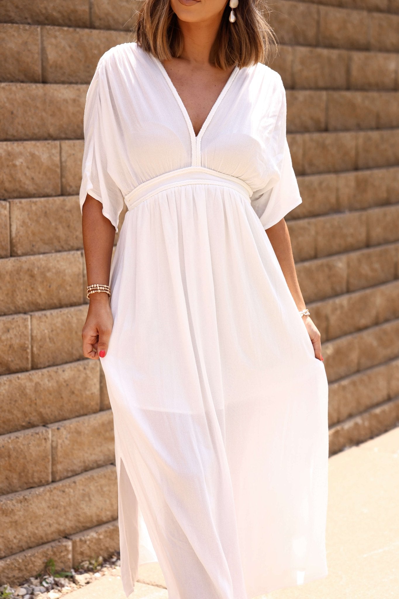 Angelica White Plunging V Neck Maxi Dress - FINAL SALE