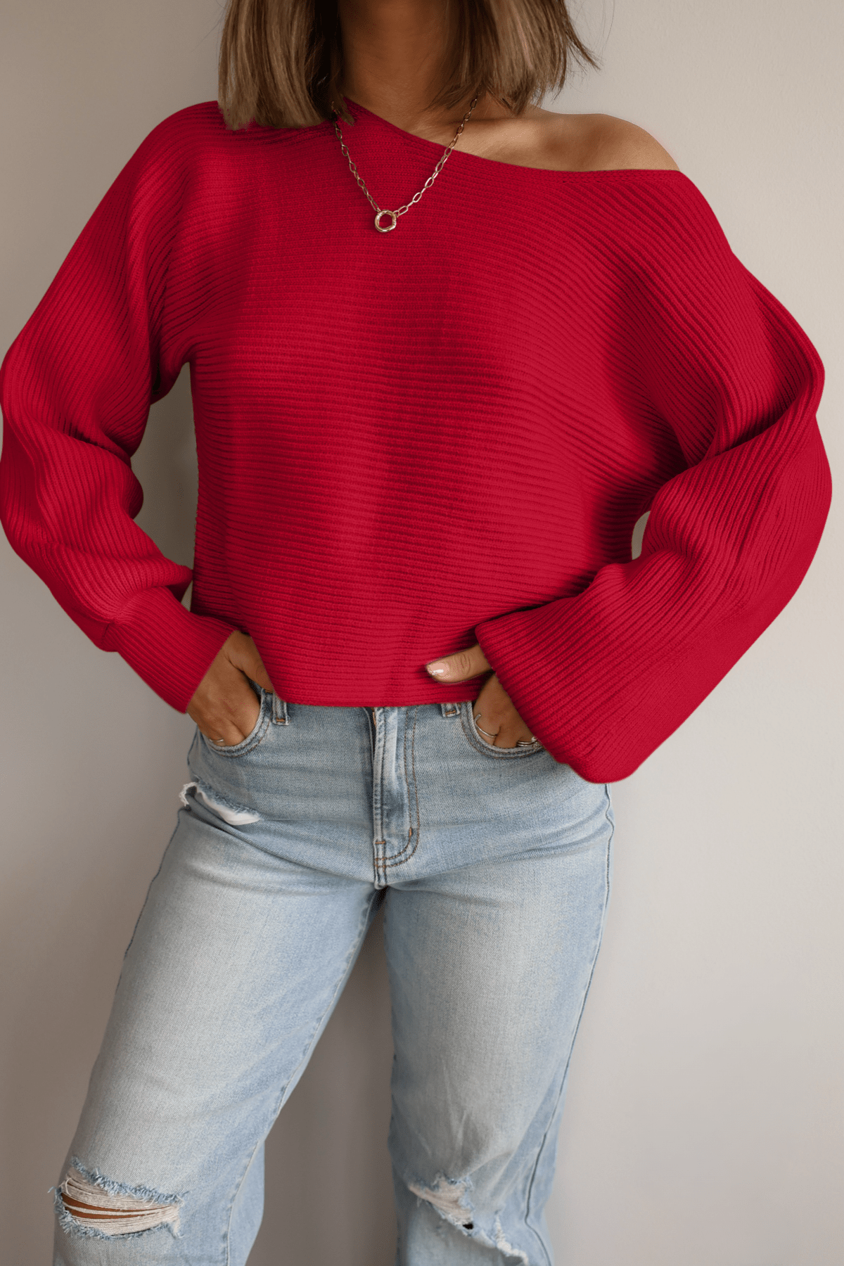 Avery Ribbed Boat Neck Sweater - Red - FINAL SALE