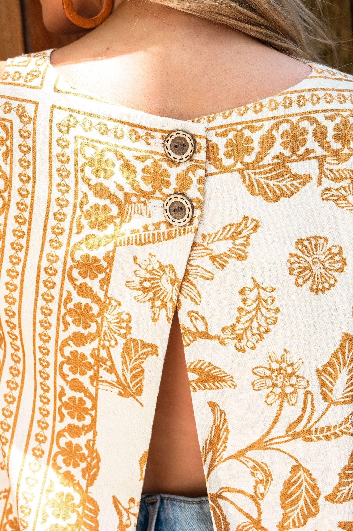 Beige Floral Print Open Back Linen Top