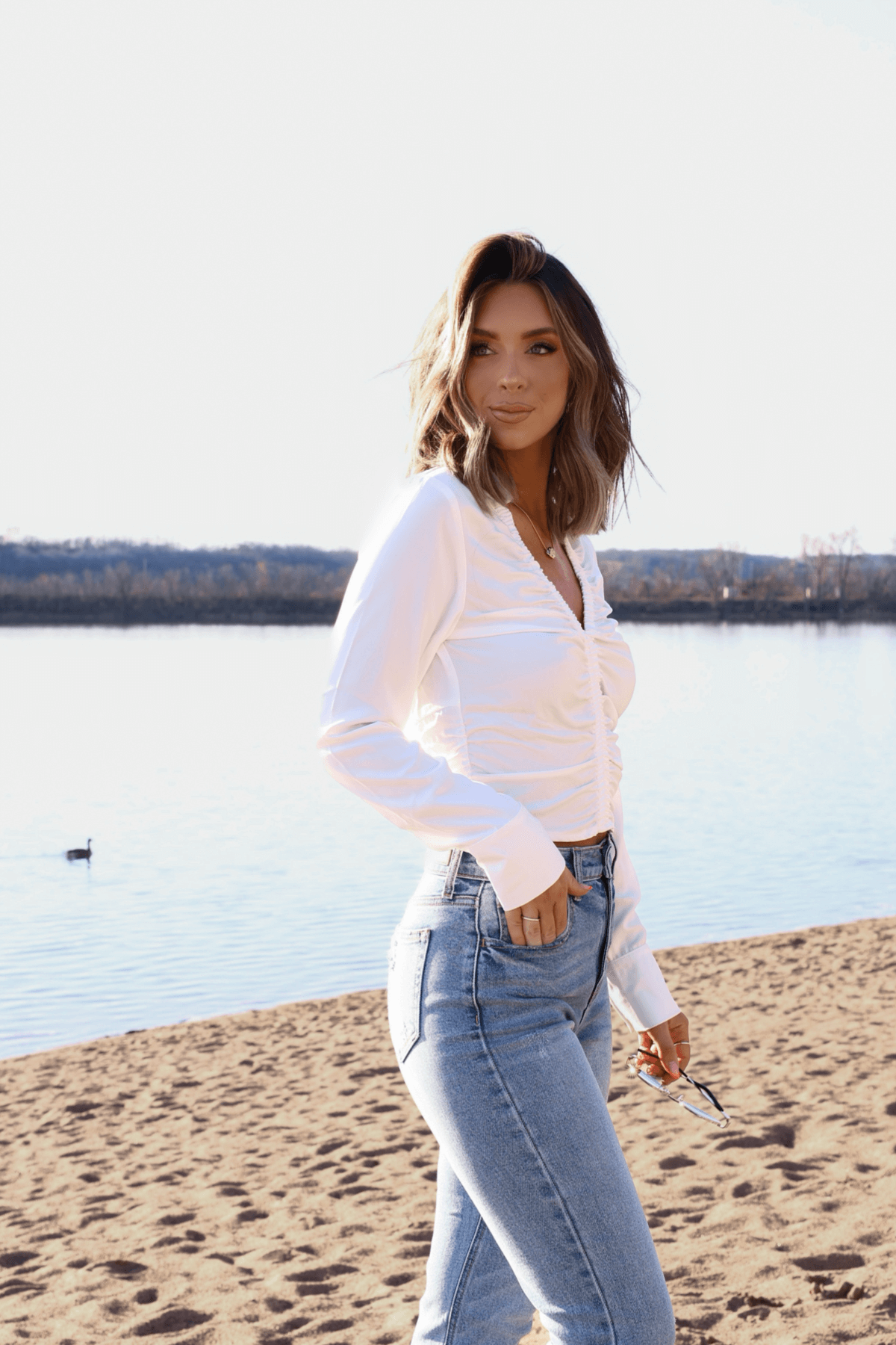 Bridal Bay White Cinched Long Sleeve Blouse - FINAL SALE