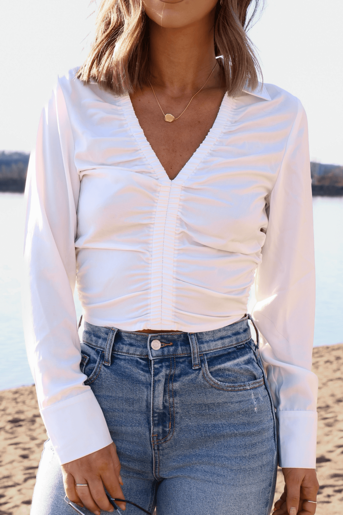 Bridal Bay White Cinched Long Sleeve Blouse - FINAL SALE