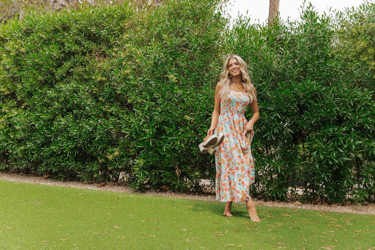 Caribbean Green Floral Smocked Maxi Dress