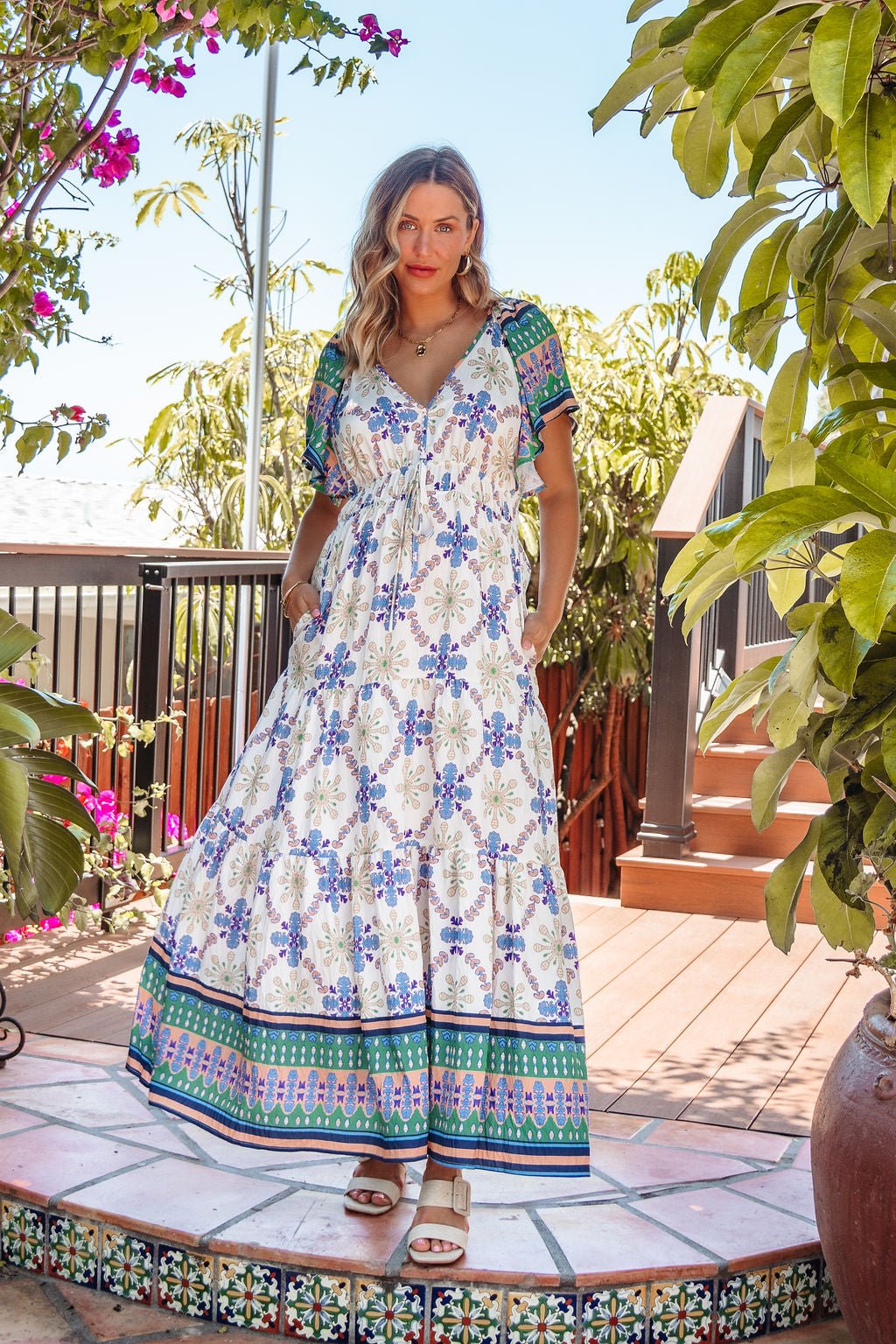 Claire Blue Print Tiered Maxi Dress