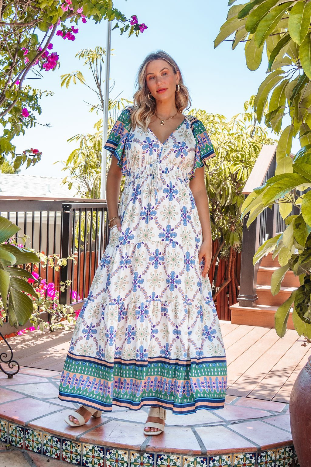 Claire Blue Print Tiered Maxi Dress