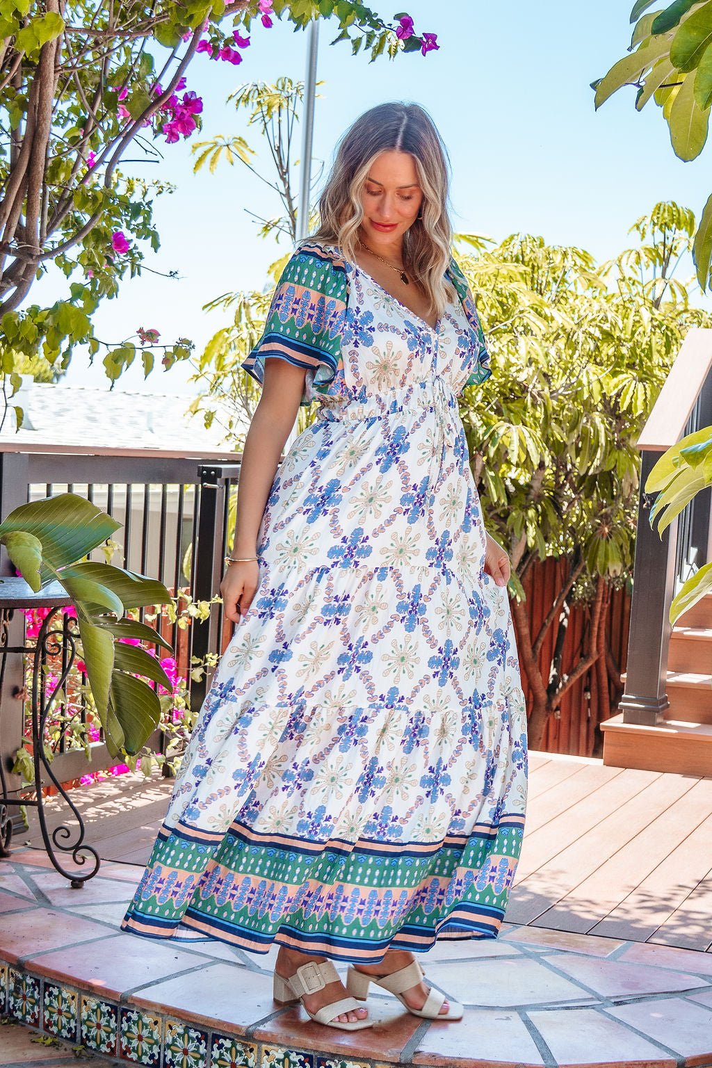 Claire Blue Print Tiered Maxi Dress