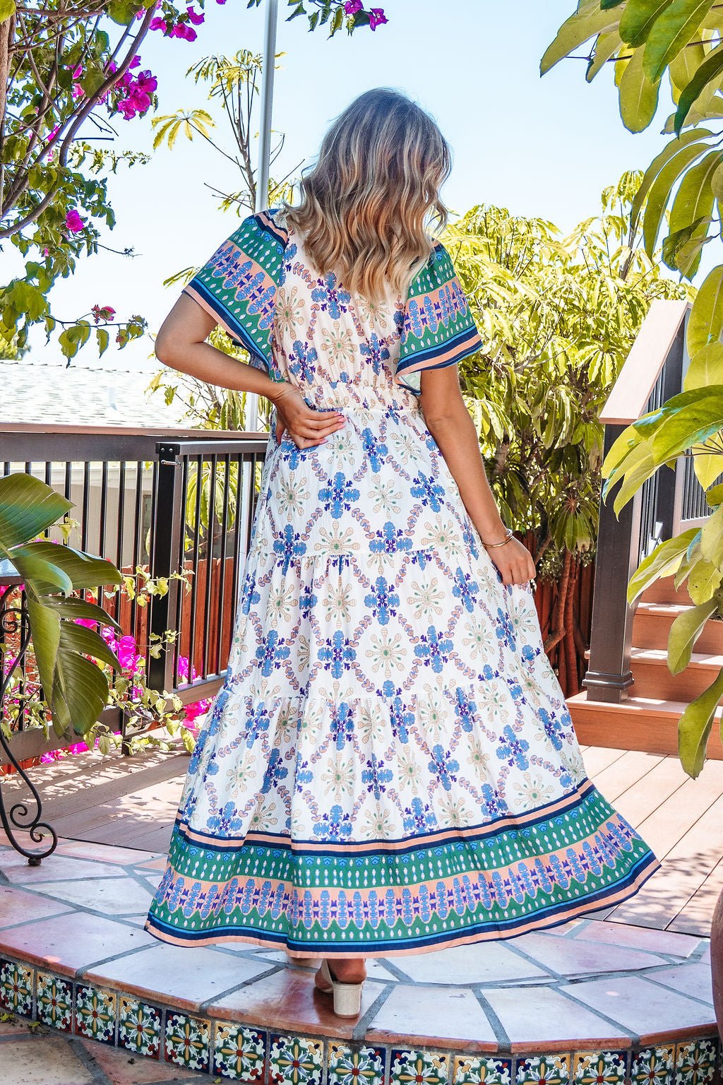 Claire Blue Print Tiered Maxi Dress