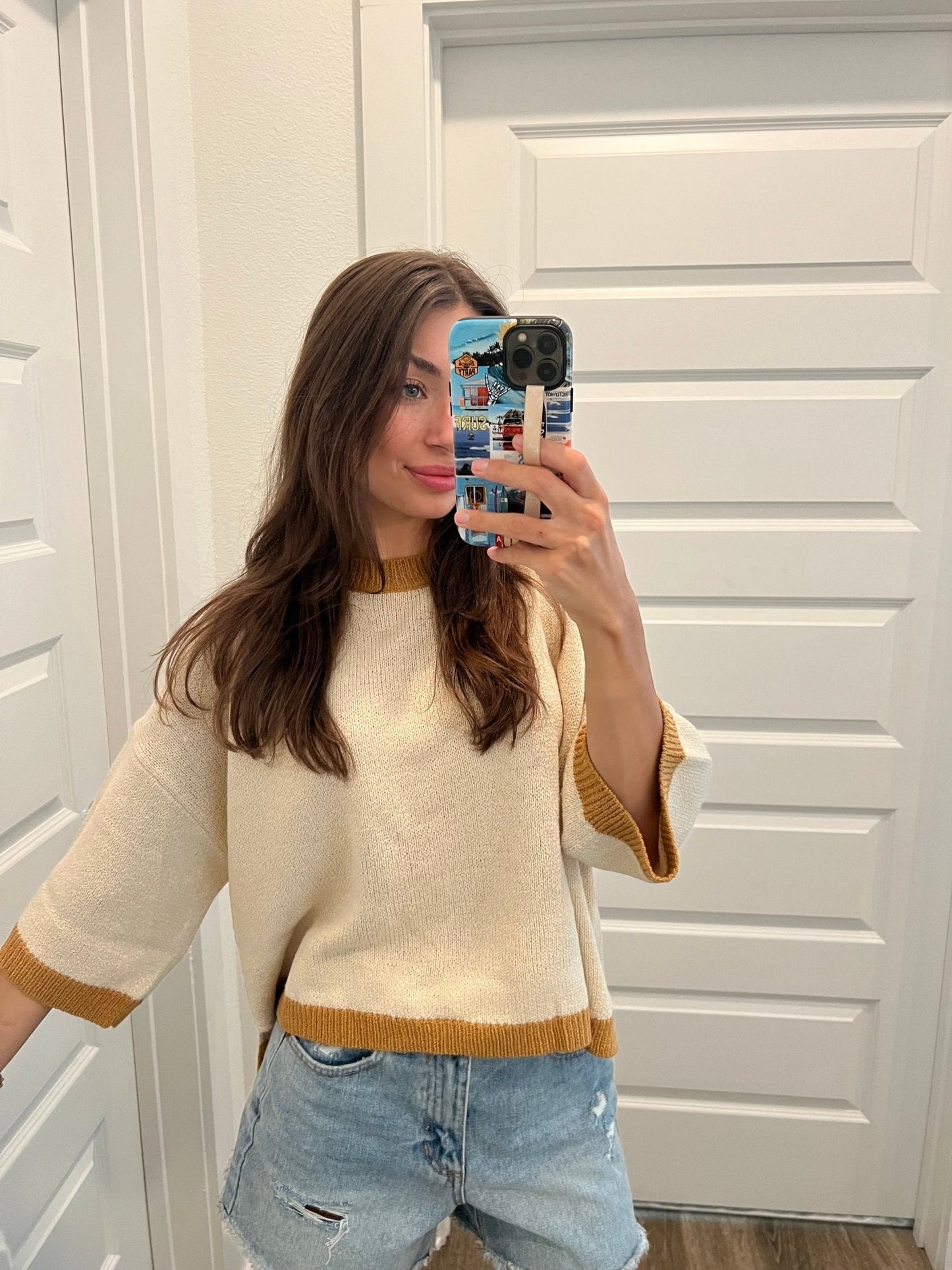 Cream Color Block Pullover Sweater