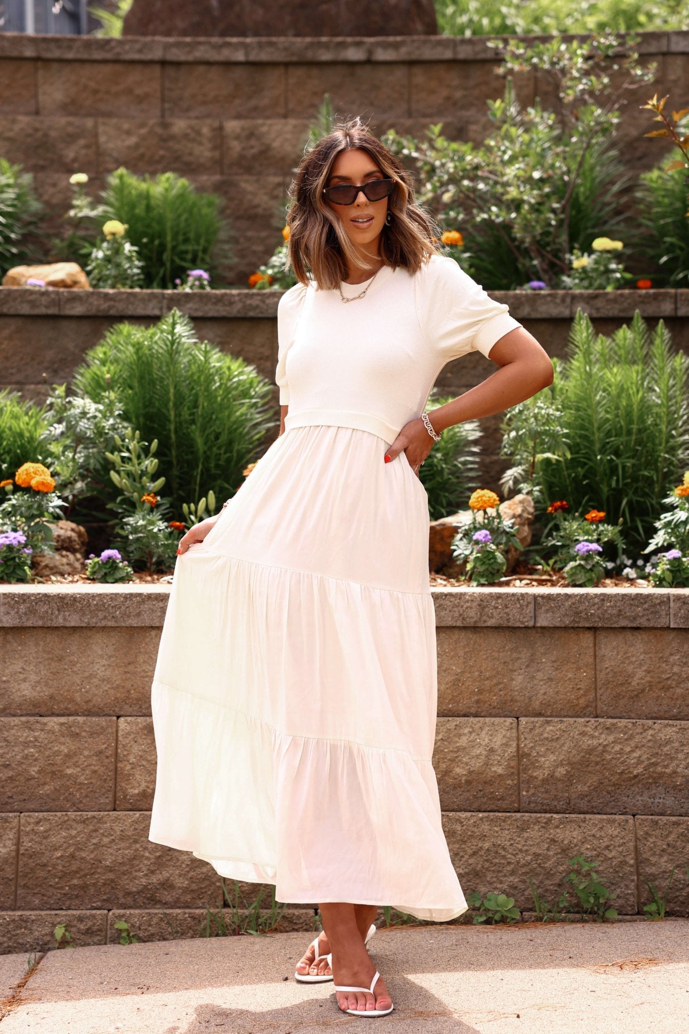 Cream Contrast Tiered Maxi Dress