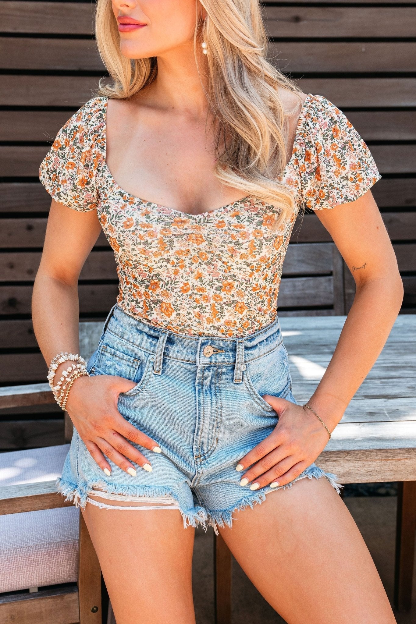 Cream Floral Print Puff Sleeve Bodysuit