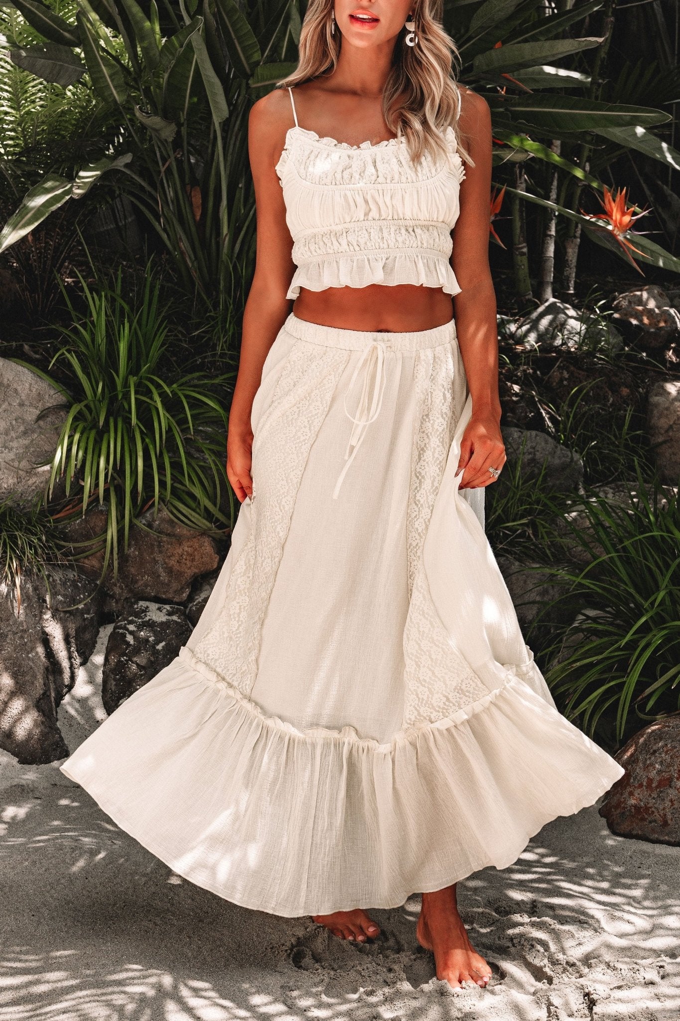 Cream Floral Ruffled Trim Lace Cami