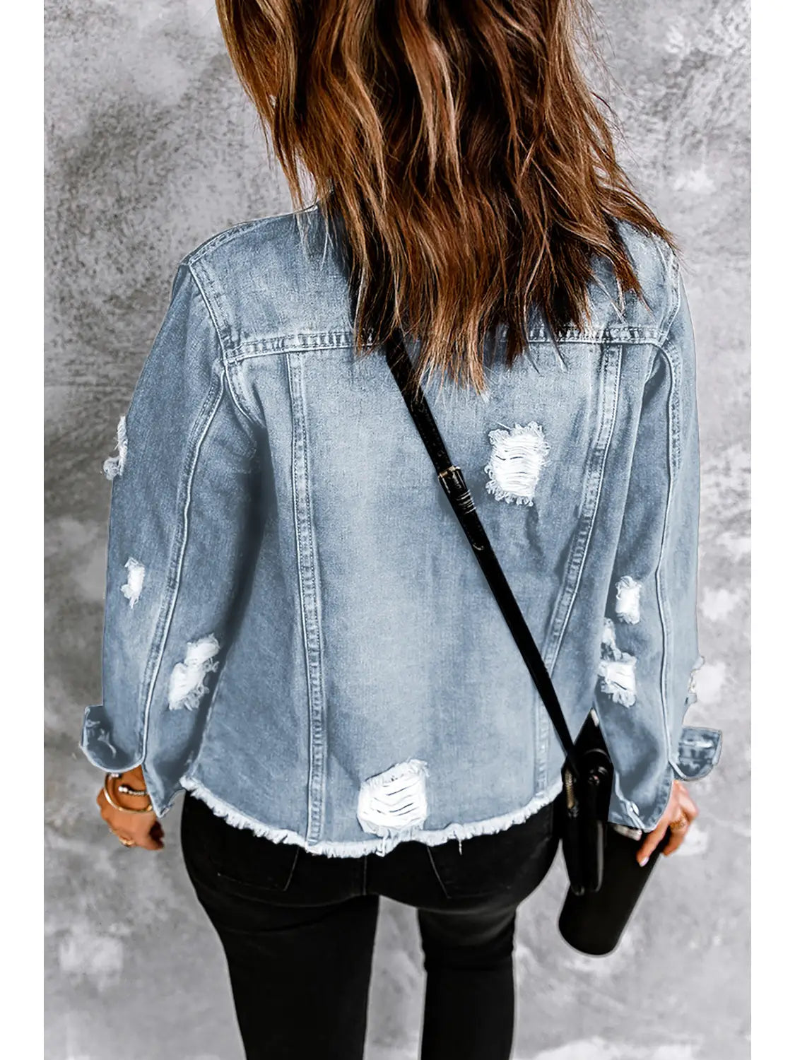 Lapel Distressed Raw Hem Buttons Denim Jacket