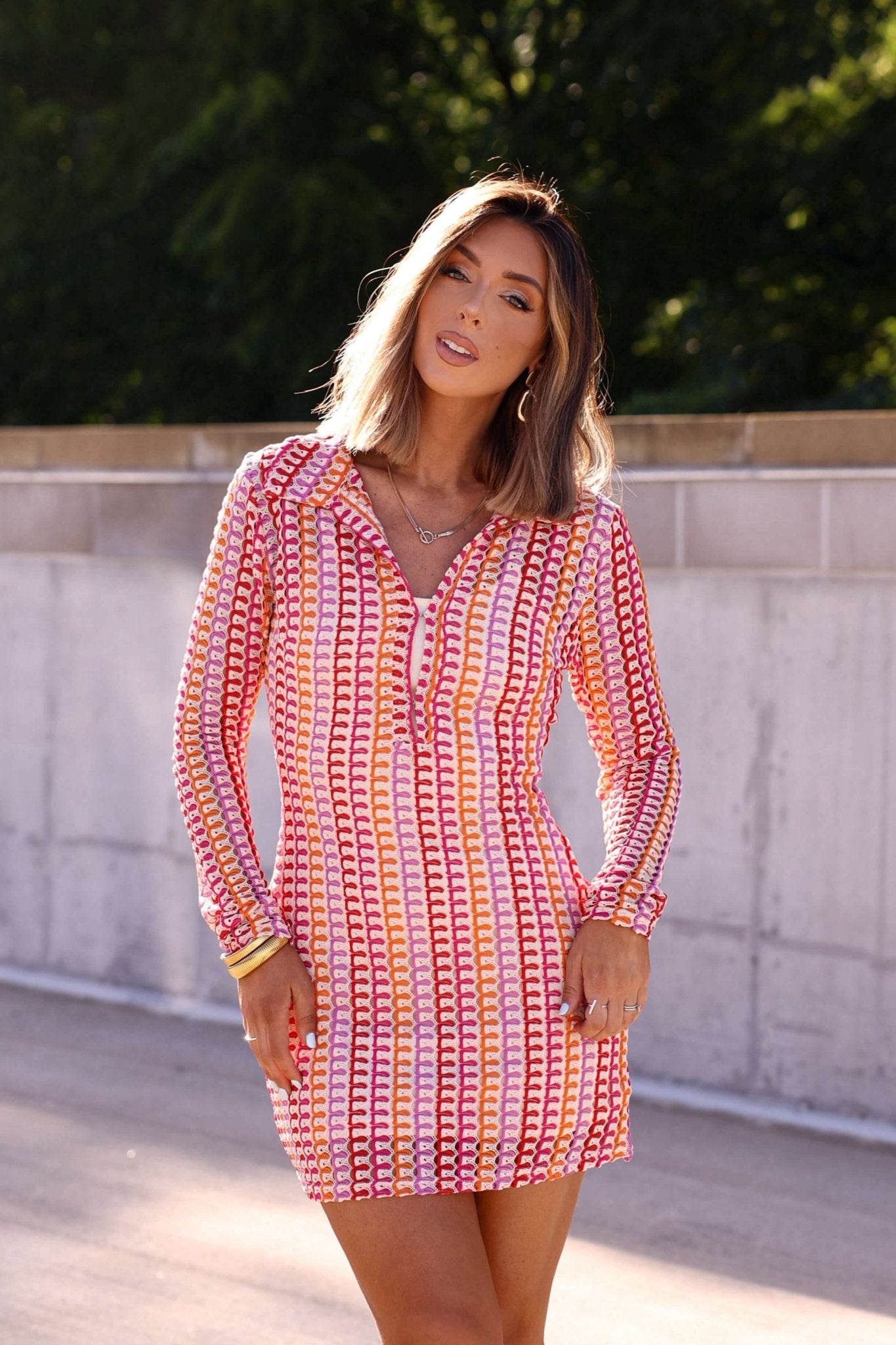 Fuchsia Multi Striped Crochet Mini Dress