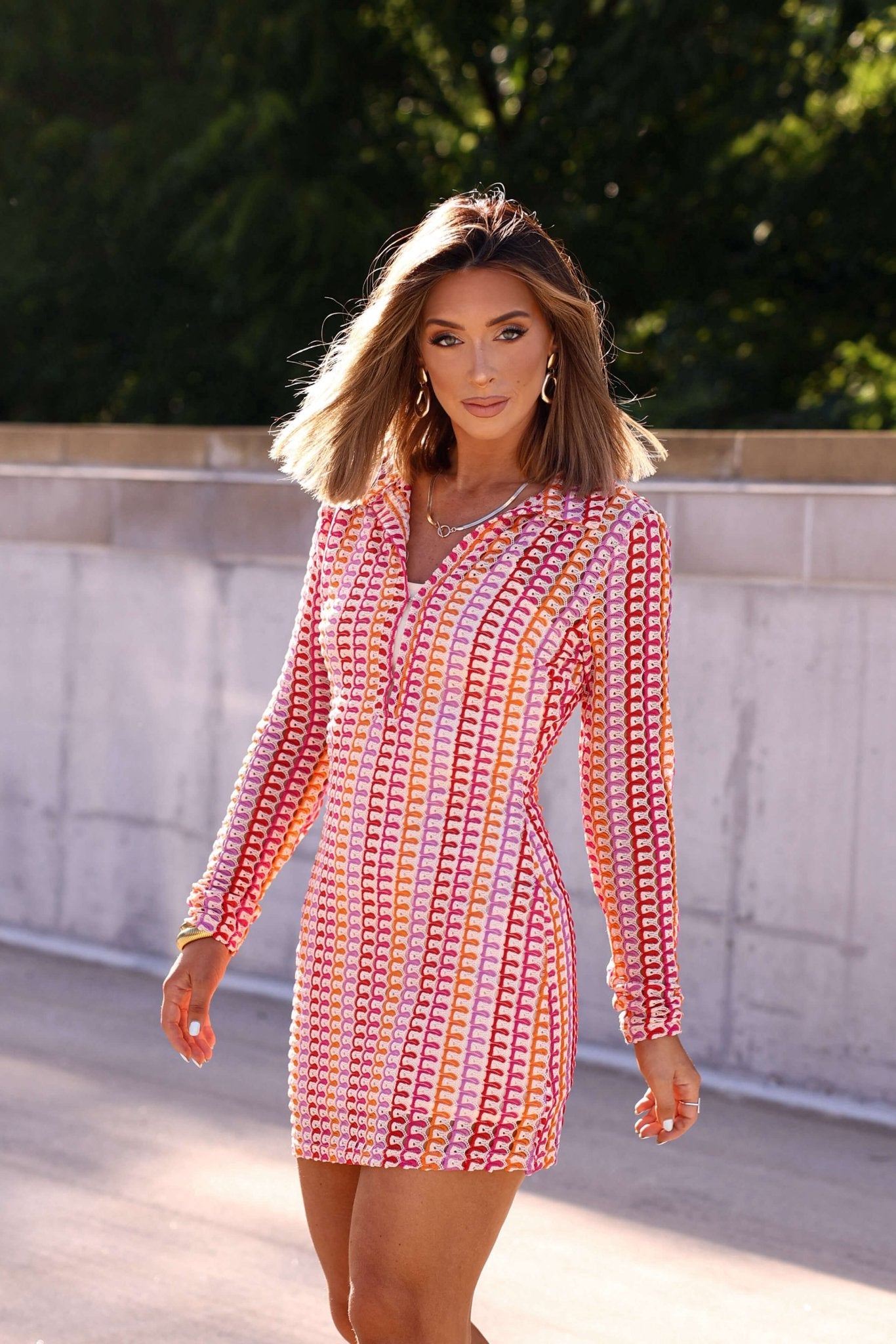 Fuchsia Multi Striped Crochet Mini Dress