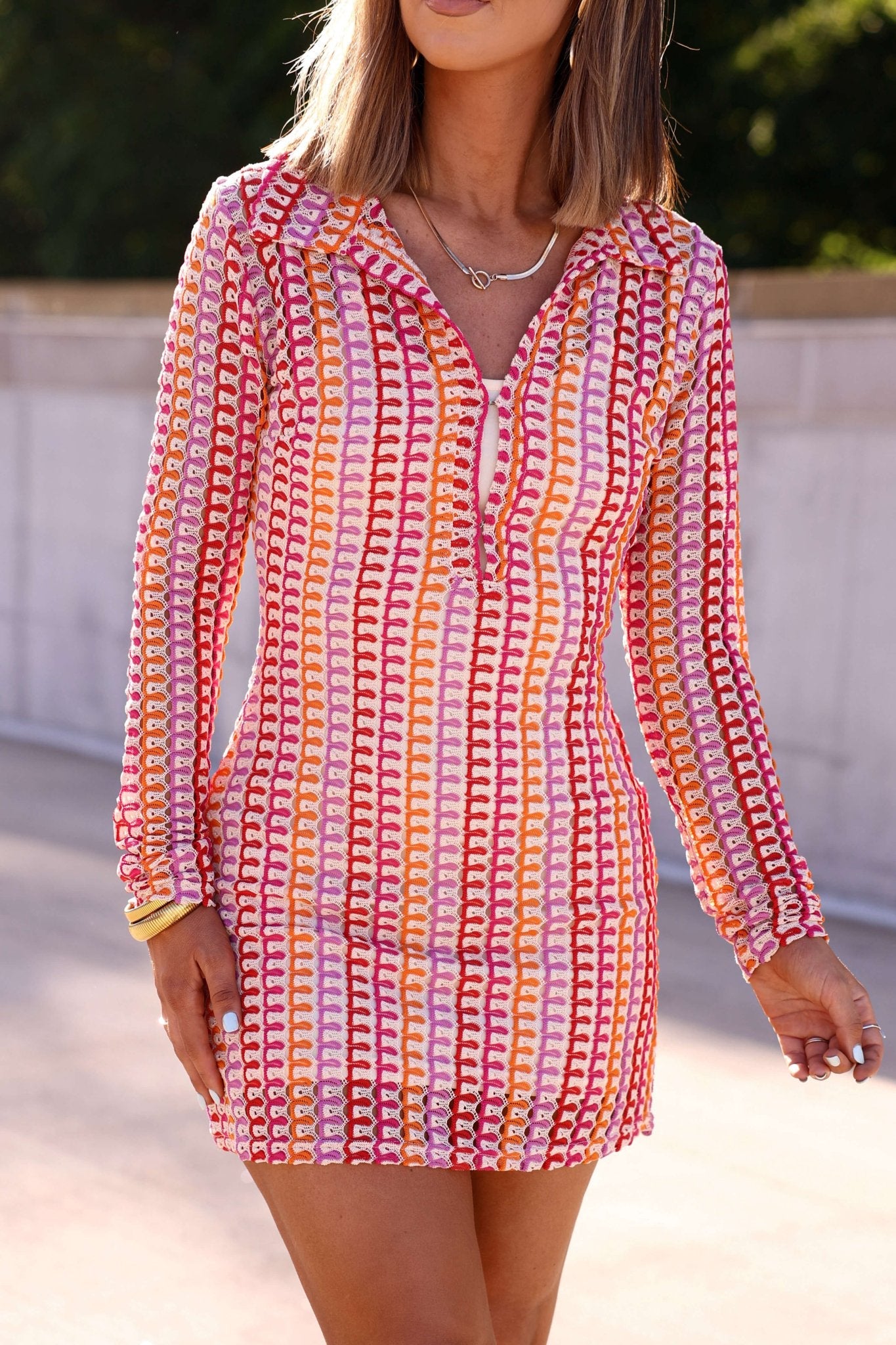 Fuchsia Multi Striped Crochet Mini Dress