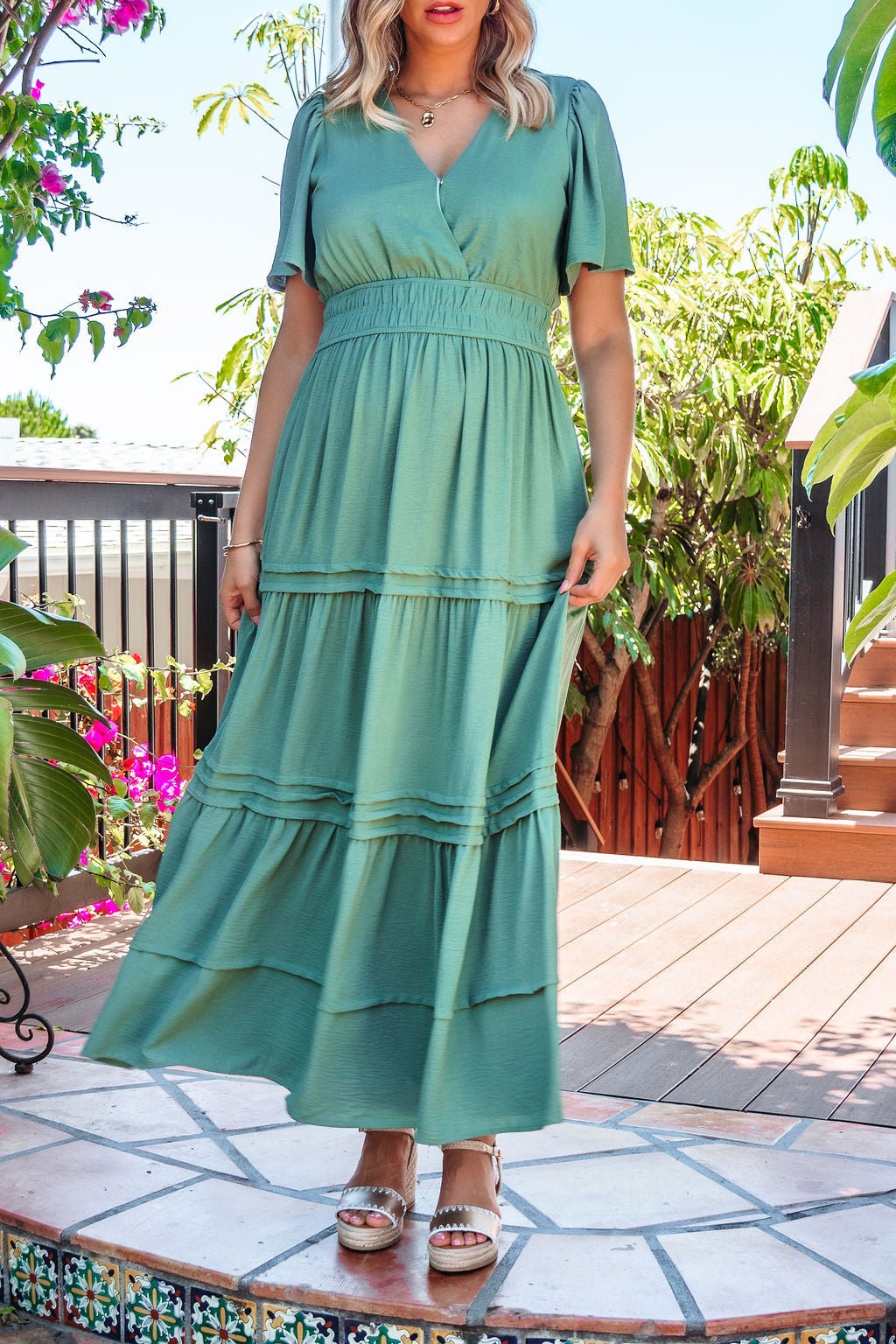 Hannah Surplice Tiered Maxi Dress - Olive