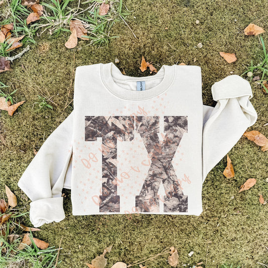 Trendy camo TX  tee or sweatshirt