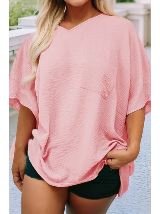 Textured Half Sleeve V Neck - Plus Size