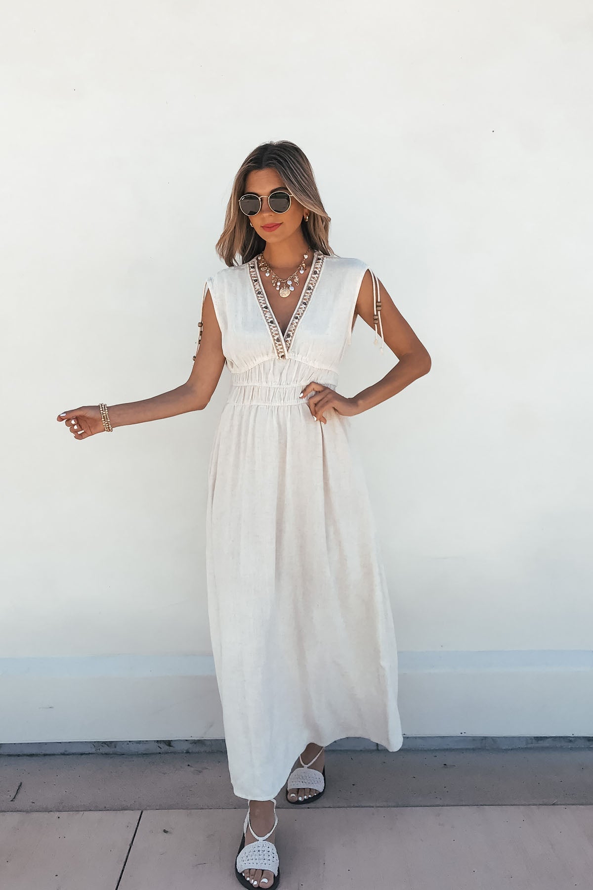 Athena Beige Beaded Linen Maxi Dress - FINAL SALE