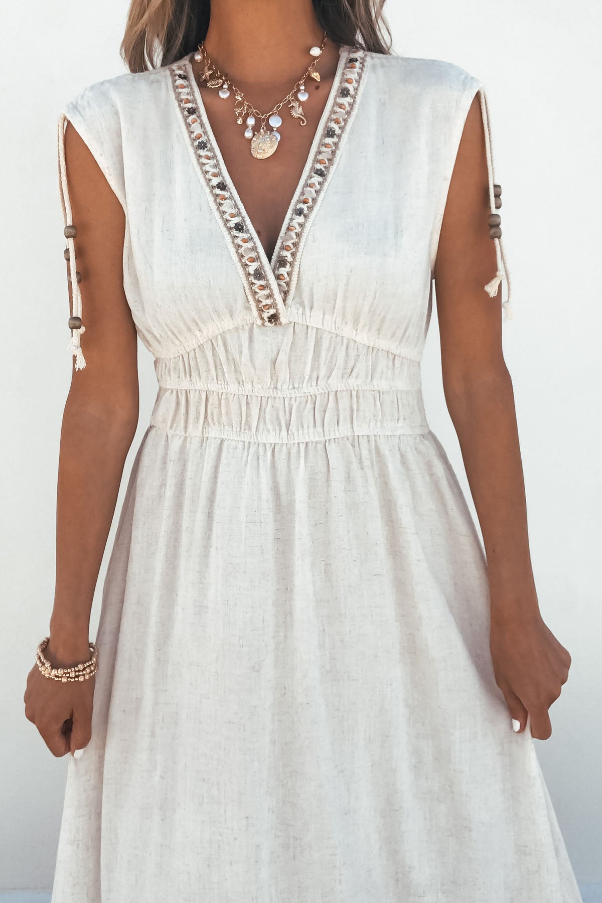 Athena Beige Beaded Linen Maxi Dress - FINAL SALE