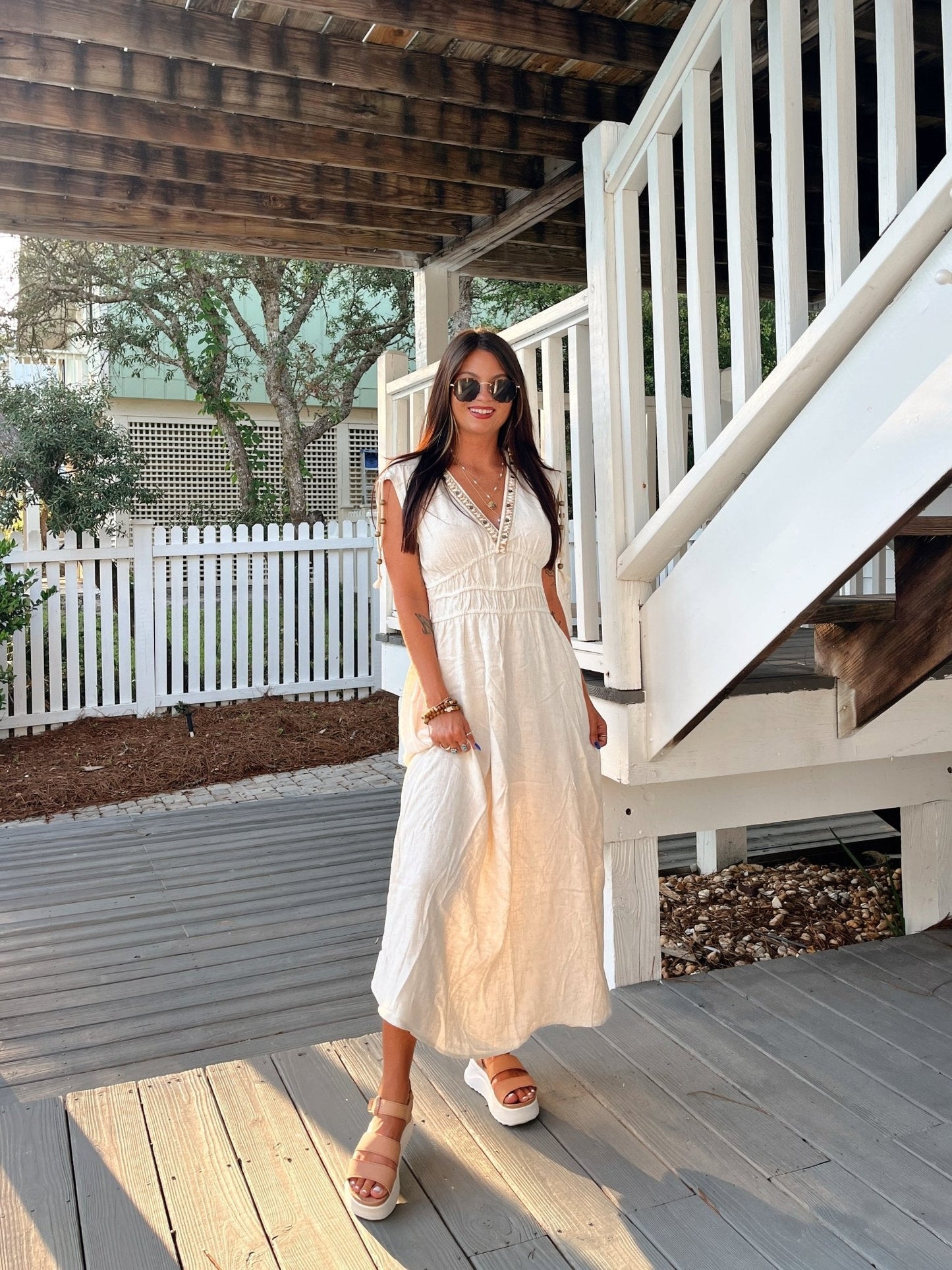 Athena Beige Beaded Linen Maxi Dress - FINAL SALE