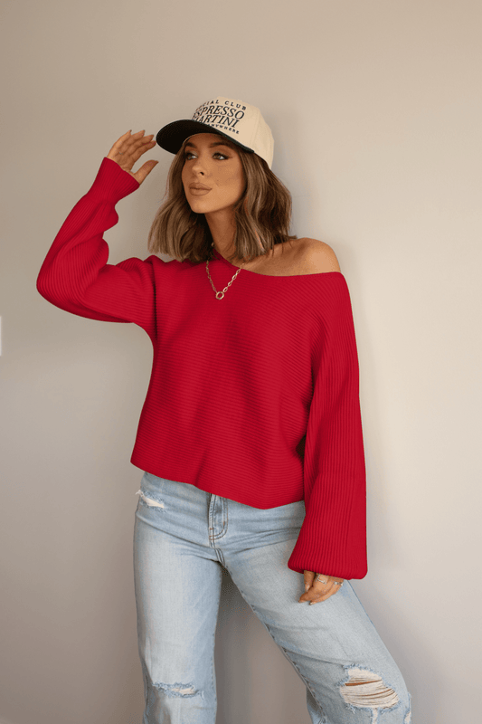 Avery Ribbed Boat Neck Sweater - Red - FINAL SALE