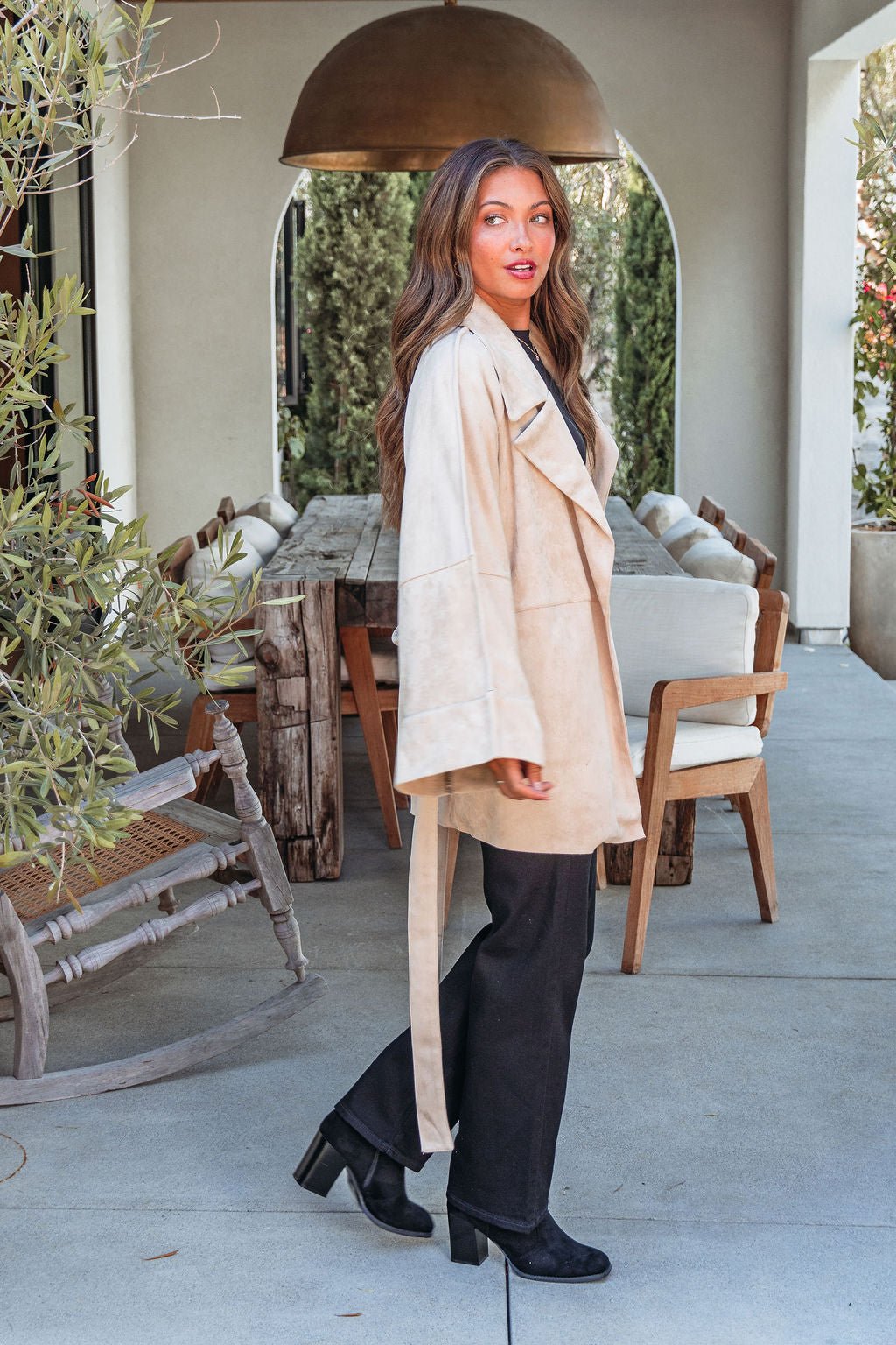 Beige Faux Suede Belted Coat