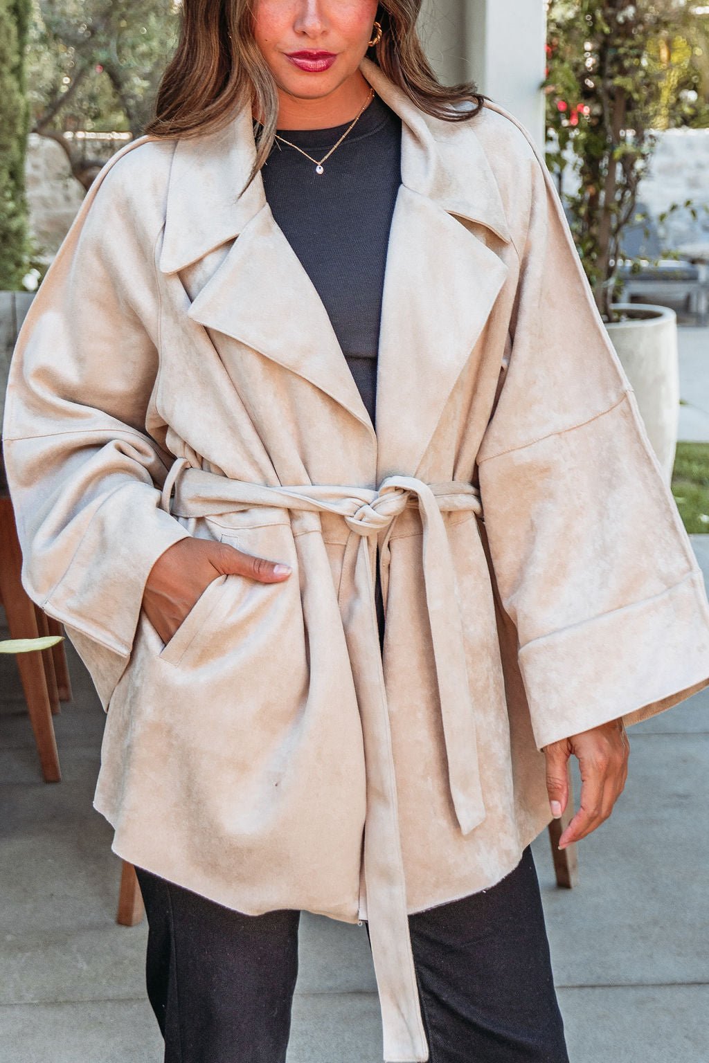 Beige Faux Suede Belted Coat