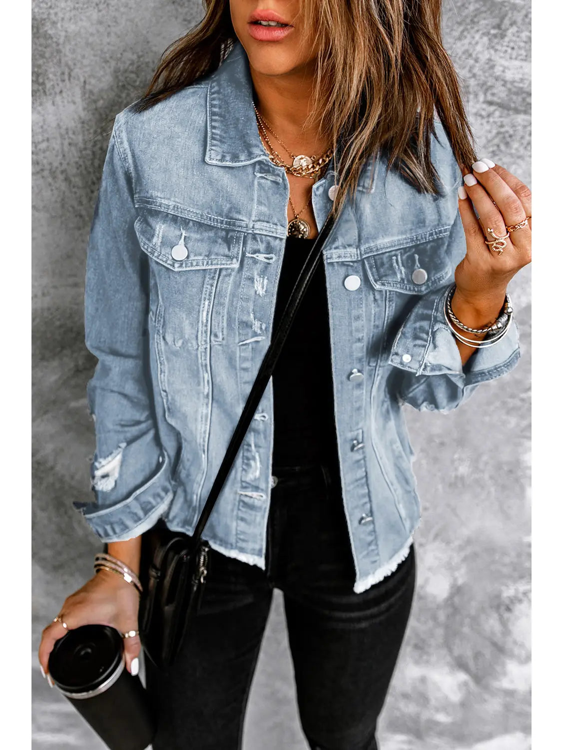 Lapel Distressed Raw Hem Buttons Denim Jacket