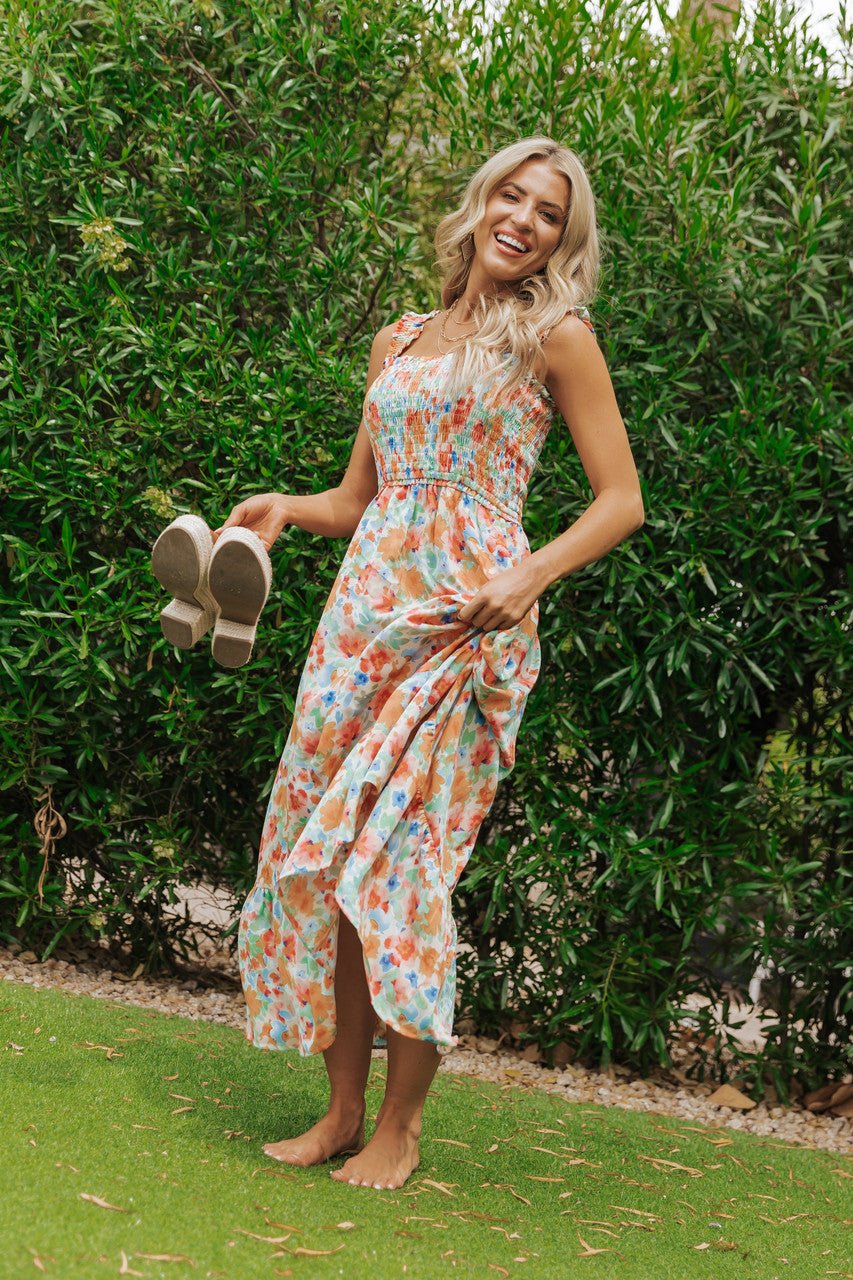 Caribbean Green Floral Smocked Maxi Dress