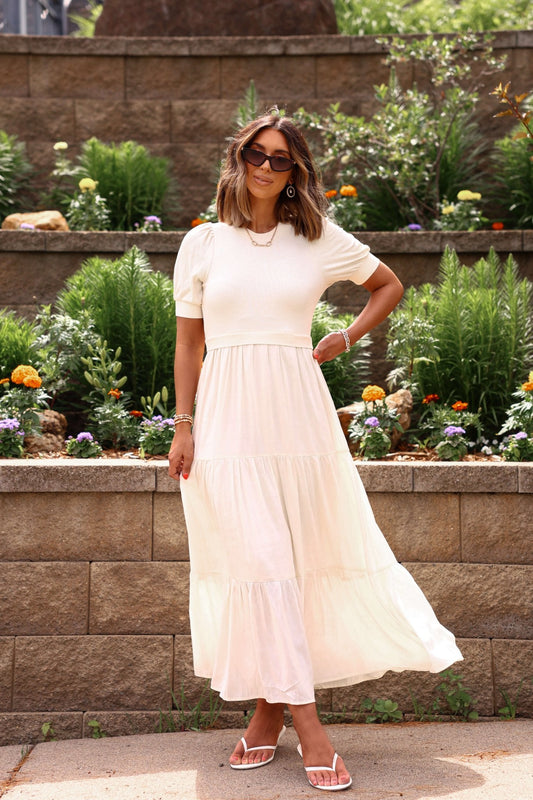 Cream Contrast Tiered Maxi Dress