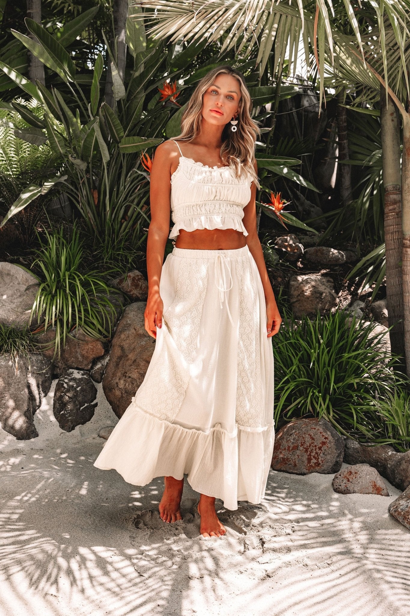 Cream Floral Ruffled Trim Lace Cami